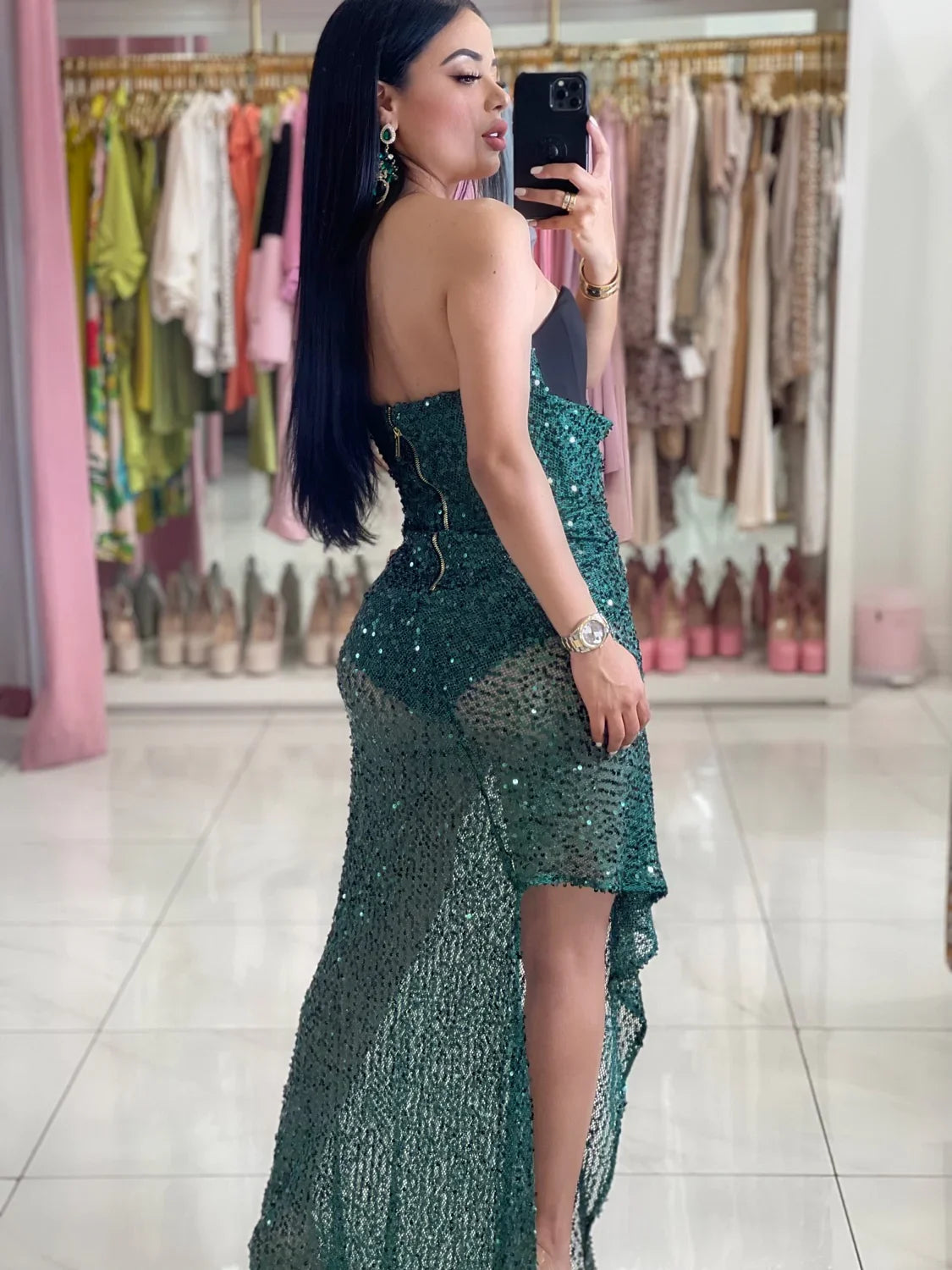 Kamille Dress: Asymmetrical green sequin dress with black bodysuit, high-low hem, and back zipper.