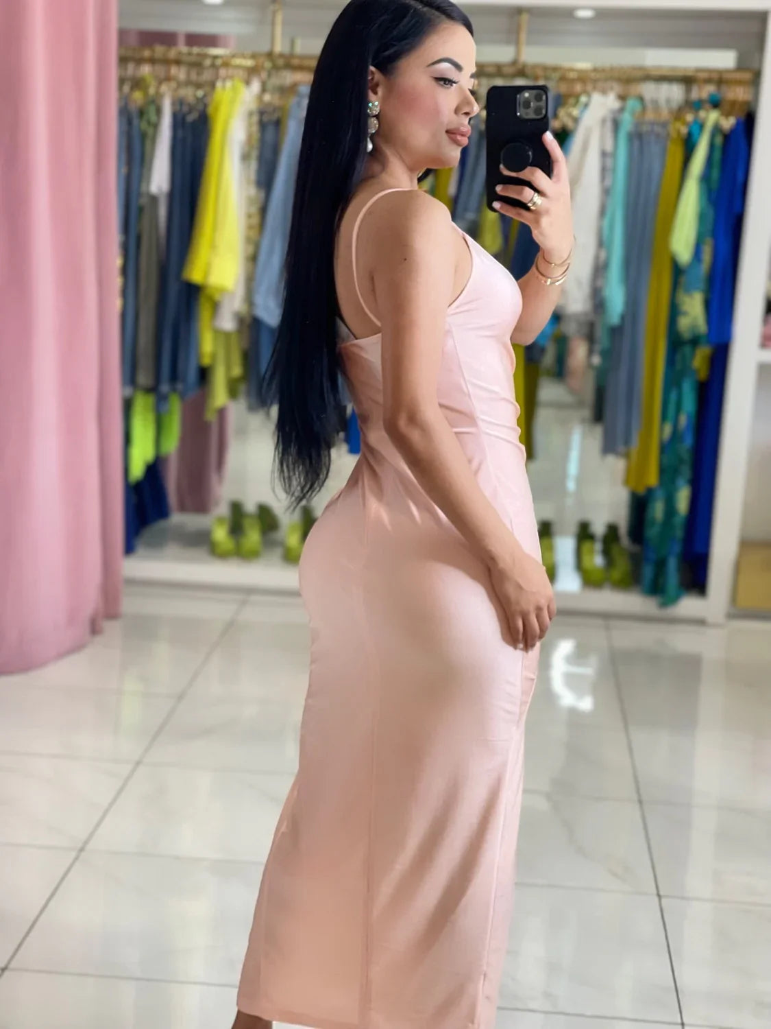 Cali Spandex Maxi Dress in light pink with spaghetti straps and back zipper.