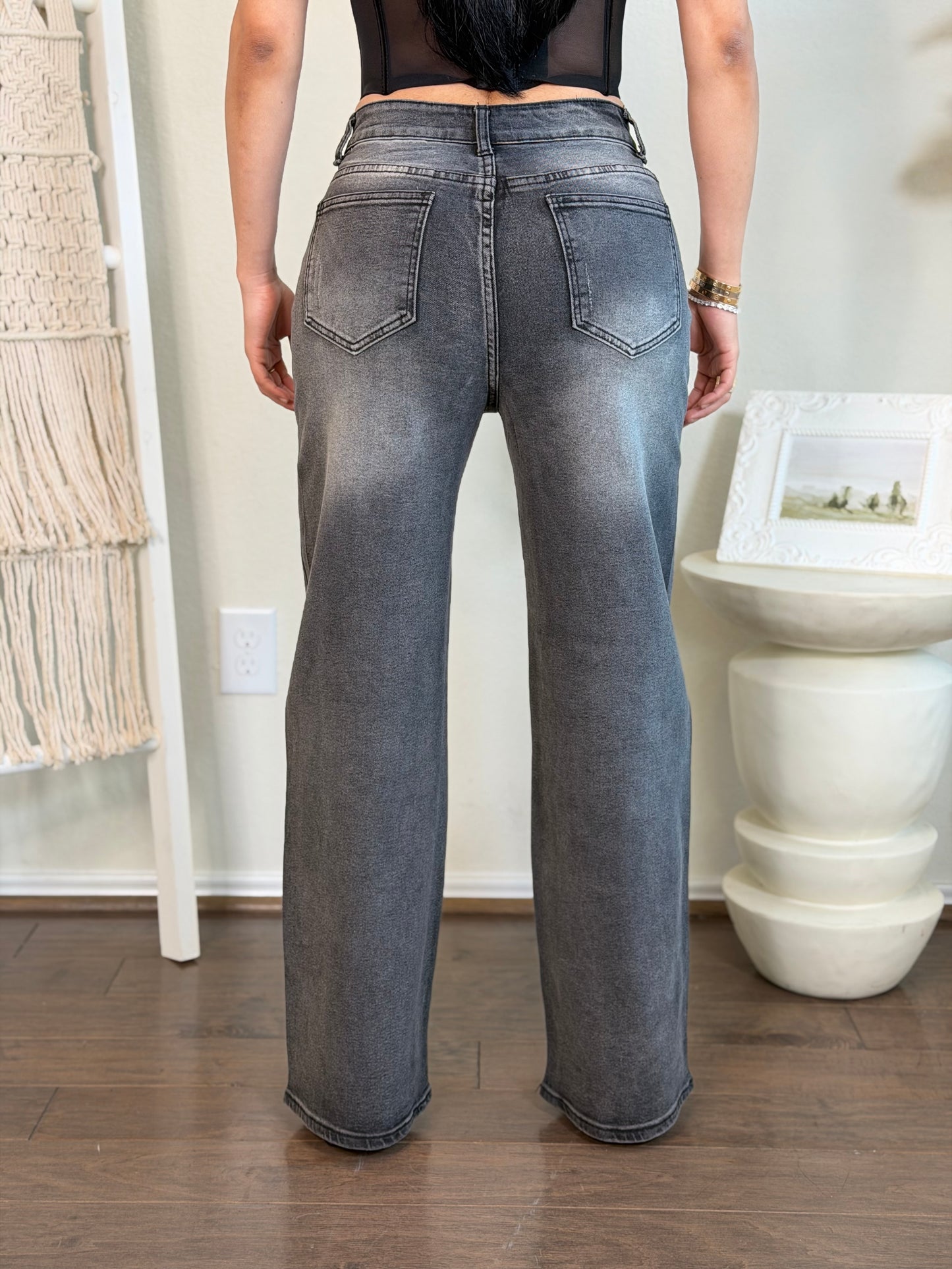 Denim Stars wide leg bottoms: dark gray stretch denim pants with rhinestone details.