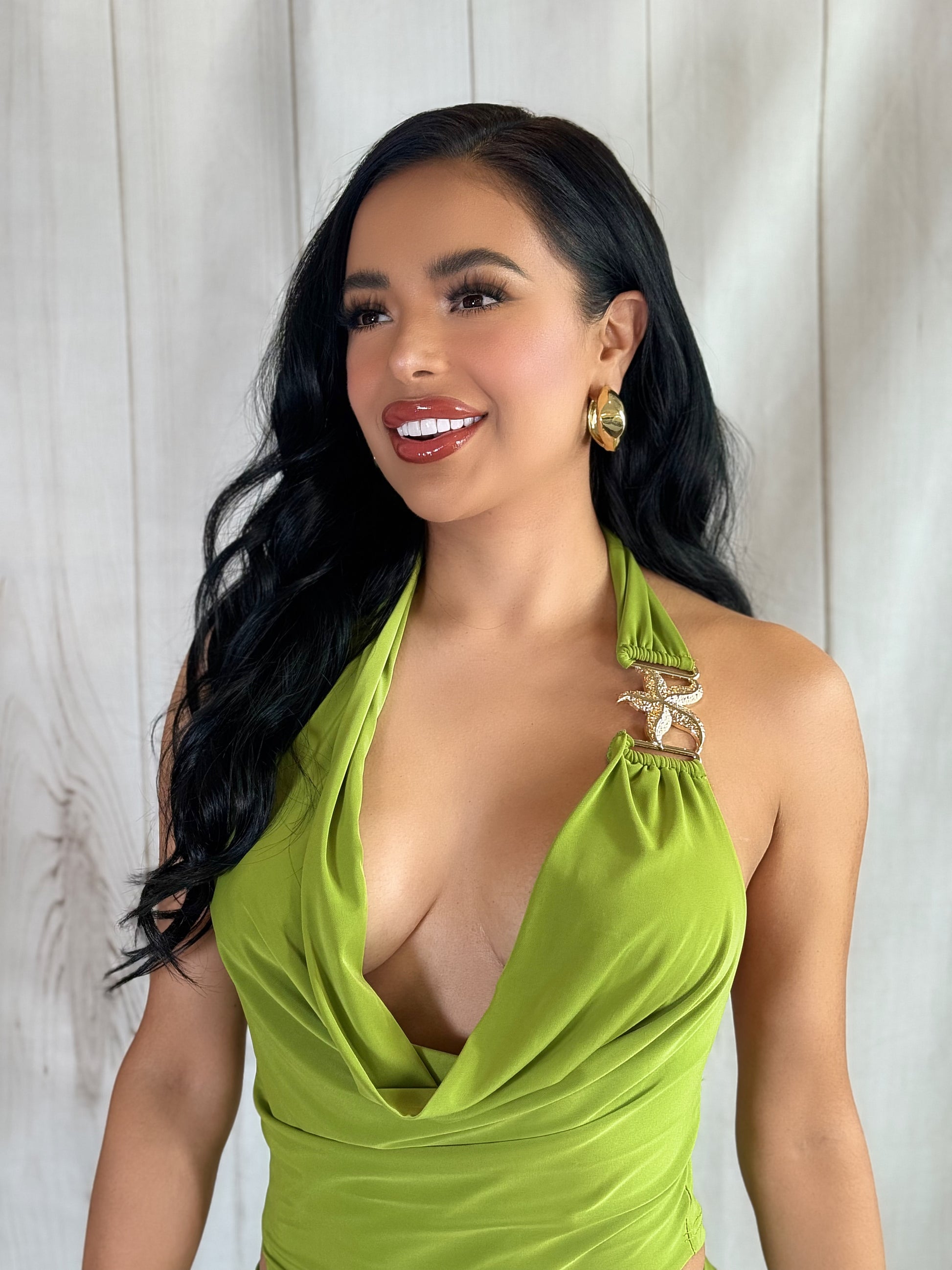 green dress cleavage Salma Hayek Wears Serpentine Plunging Sequined Gown for Rare Date Night