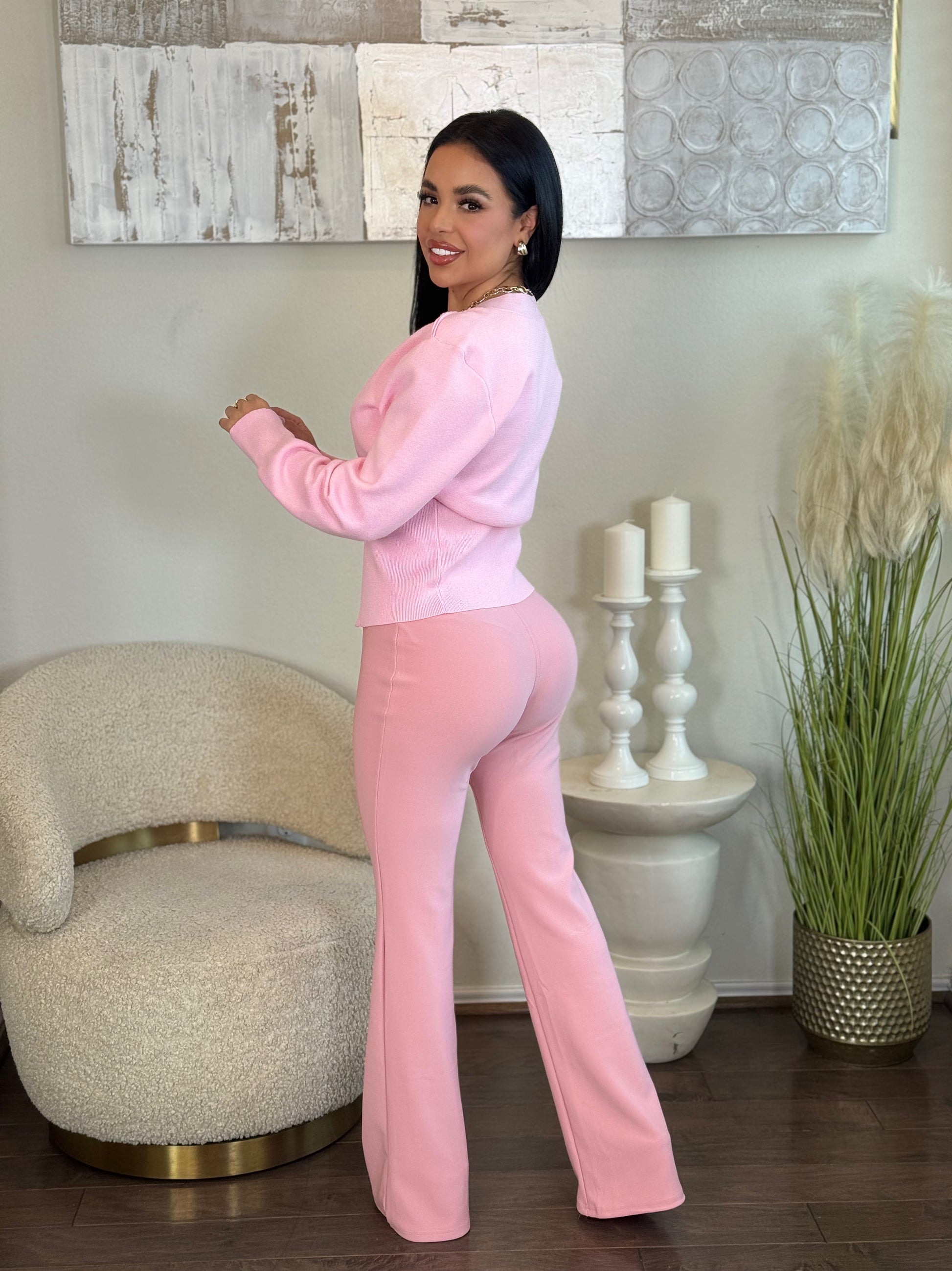 Sweetie Top: Pink long sleeve knit top and matching pants set with gold button detail.