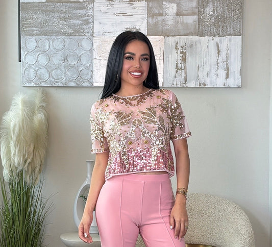 Rosina Top: Pink sequin mesh crop top with gold embroidery, paired with pink high-waisted pants.