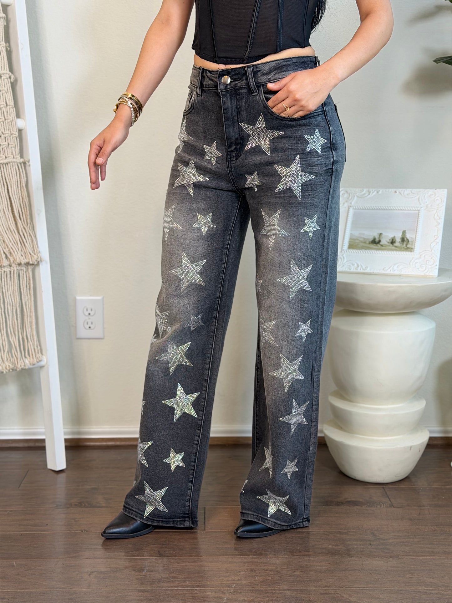 Denim Stars wide leg pants: charcoal gray stretch denim bottoms with sparkling rhinestone stars.